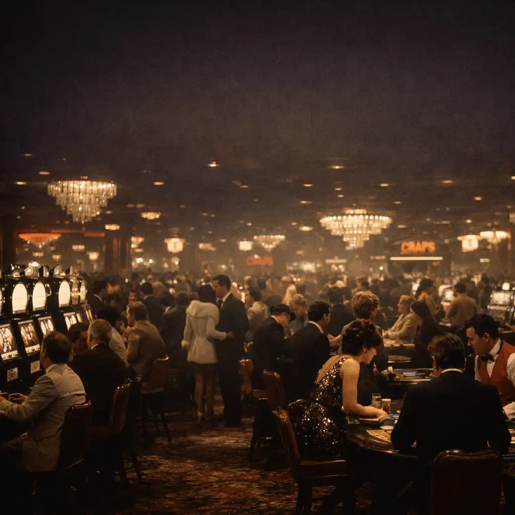 Wide shot of a bustling 1970s Las Vegas casino floor at night, with elegantly dressed patrons, slot machines, and gaming tables under warm low lighting.