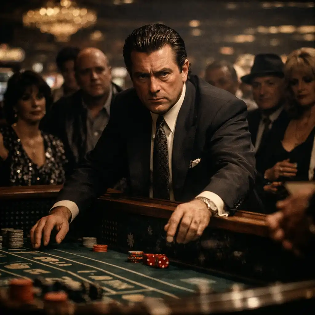 A dramatic still from Casino (1995) showing a man in a sharp suit at a craps table under warm spotlight