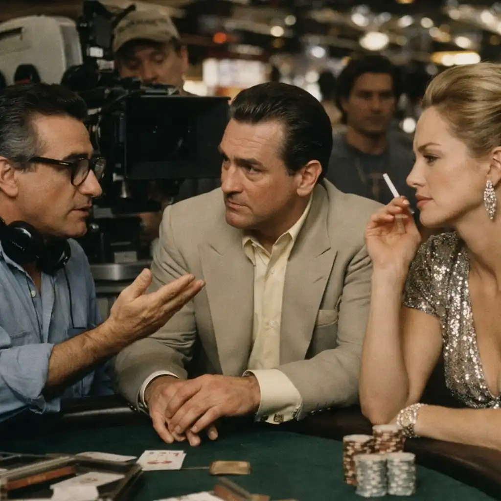 Rare color production still from Casino showing Martin Scorsese directing Robert De Niro and Sharon Stone