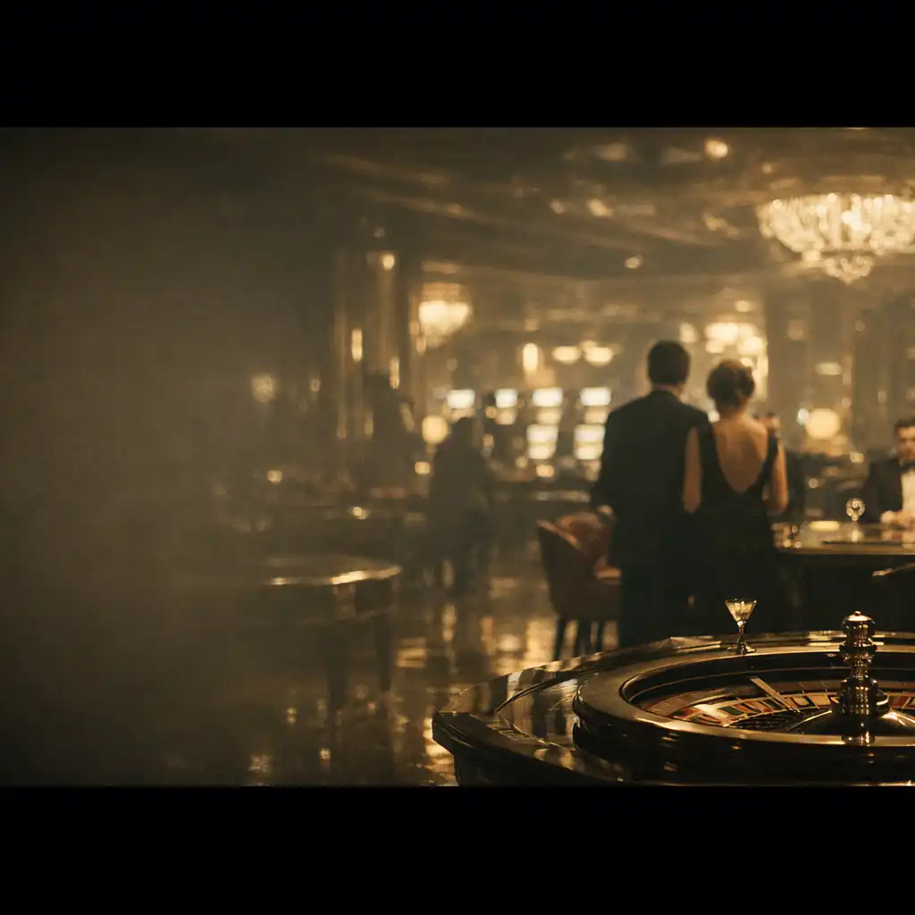 A cinematic wide shot of a luxurious casino floor at night, with warm golden lights reflecting off polished surfaces and elegantly dressed patrons in the background.