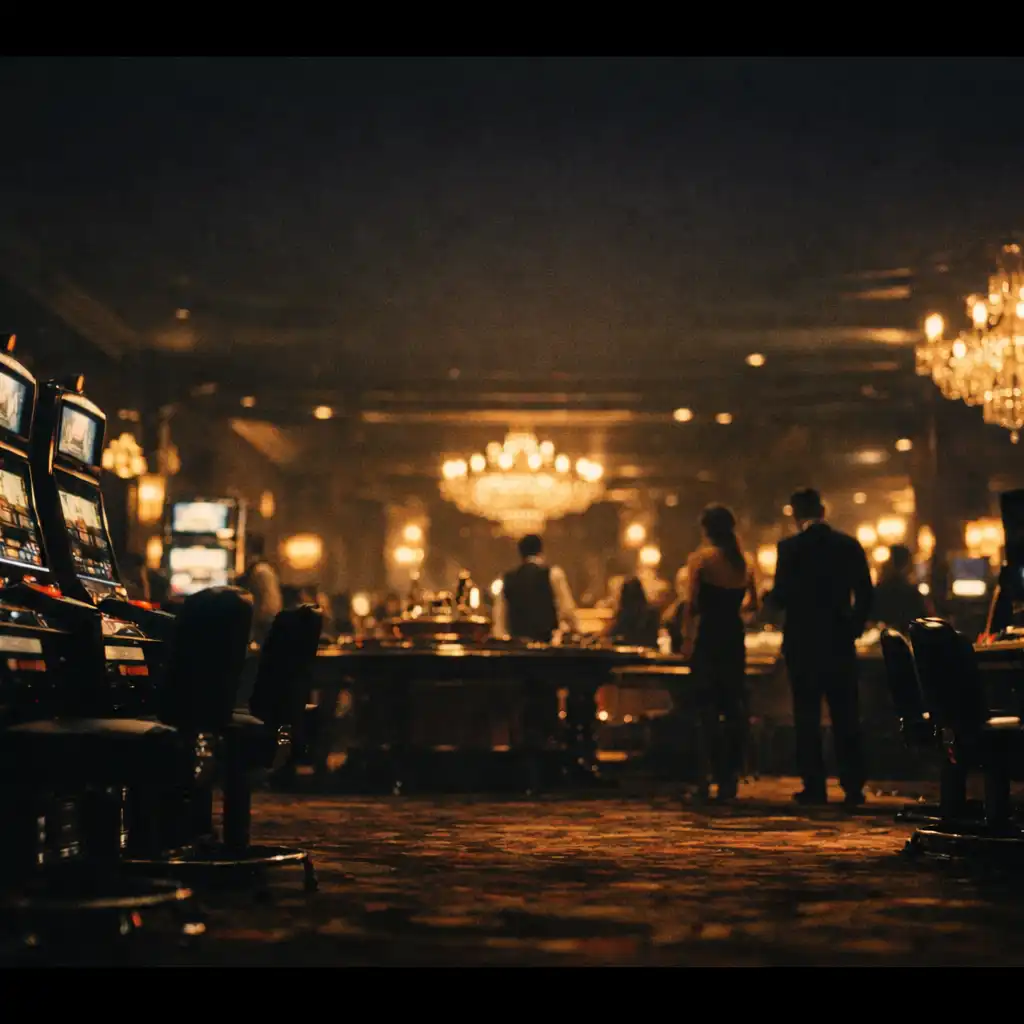 A luxurious casino interior at night with glowing slot machines and warm chandelier light