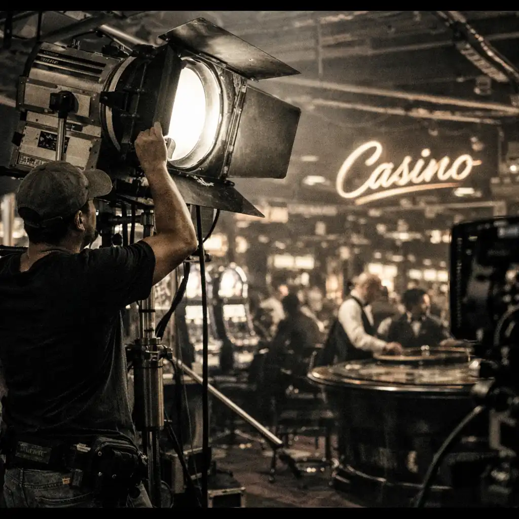 Cinematographer adjusting a large lighting rig on a casino film set with neon signs and reflective surfaces