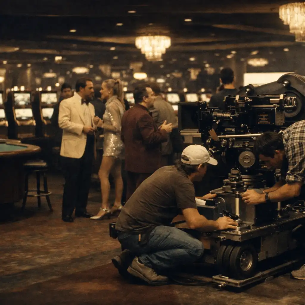 Behind-the-scenes photograph on the set of Martin Scorsese's Casino, showing a 1970s Las Vegas casino interior with crew and period-dressed actors