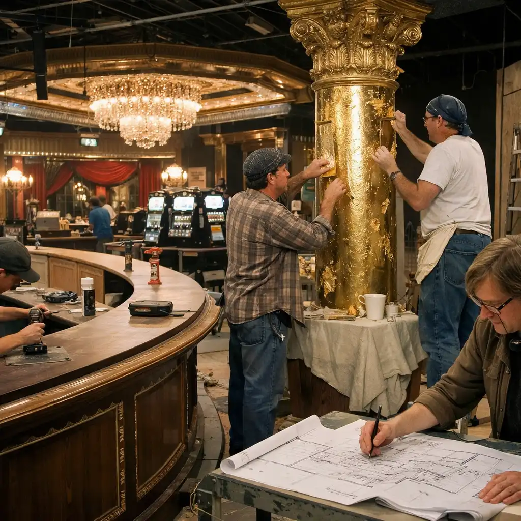 Casino set under construction with carpenters building a bar and a designer reviewing blueprints