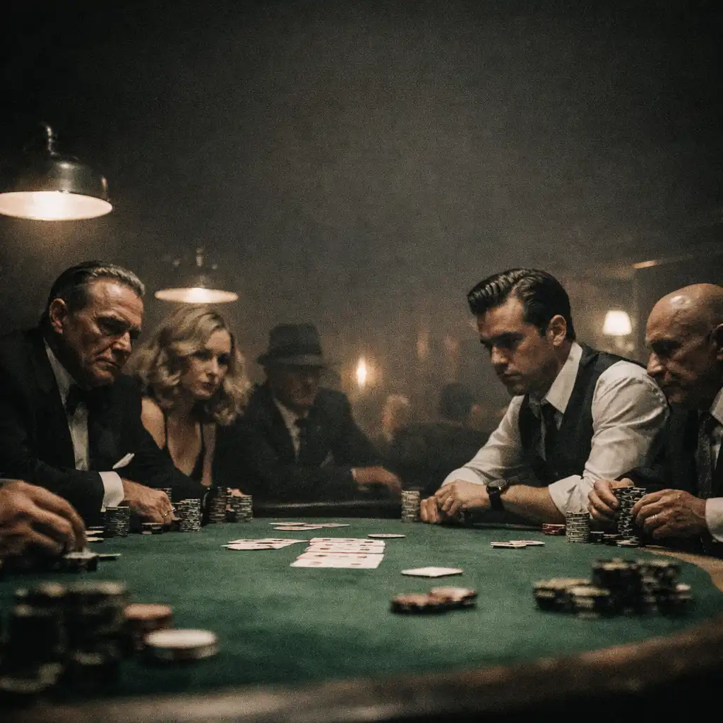 High-stakes casino table with players in formal attire under dramatic lighting