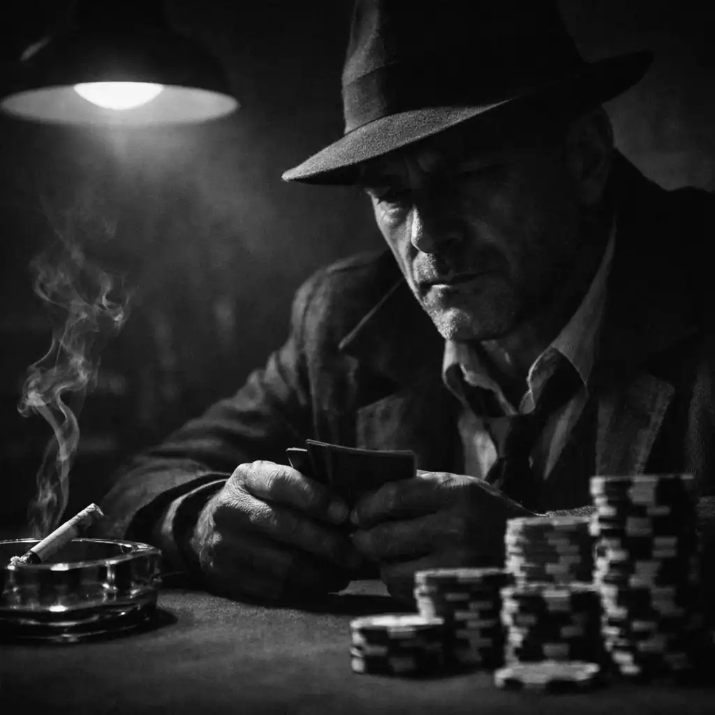 A close-up of a solitary man at a poker table, his face partially in shadow, a cigarette smoldering in an ashtray, and a stack of chips in the foreground.