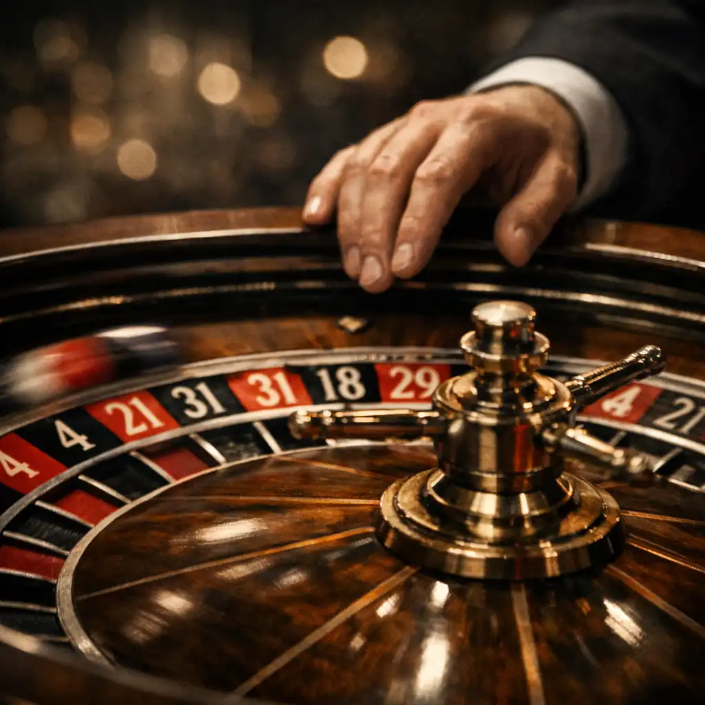 A close-up of a roulette wheel in motion, the ball a blur of red and black, with the croupier's hand entering the frame
