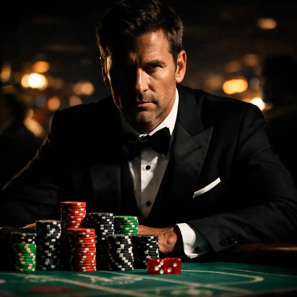 A dramatic shot of a man in a tuxedo standing at a craps table, his face half in shadow, chips stacked in front of him