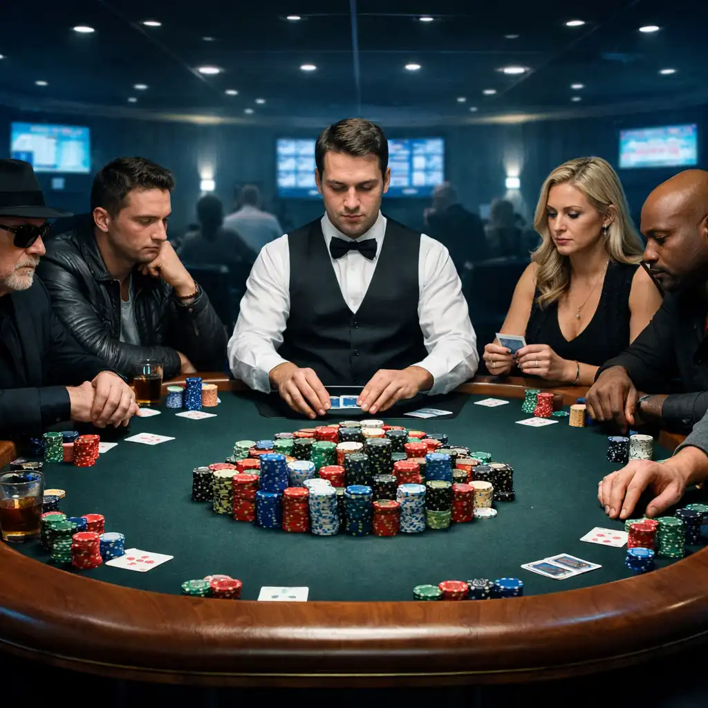 A wide shot of a high-stakes poker game in a modern casino, with multiple players at a table, a dealer in the center, and a large pot of chips