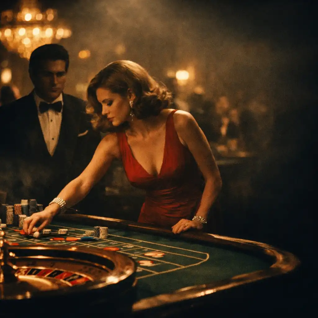 A dimly lit casino floor with a roulette table in the foreground and glamorous figures in the background