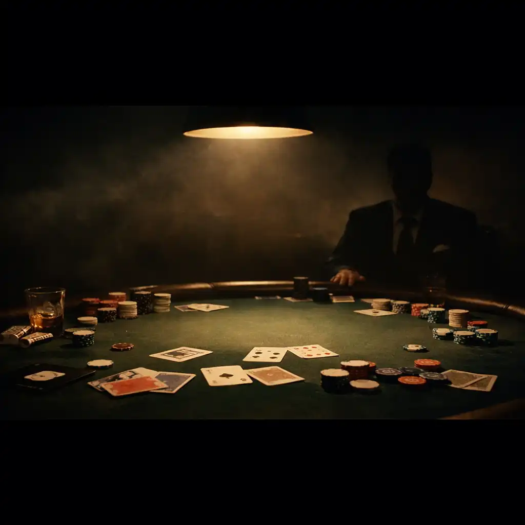 A dimly lit poker table in a smoky backroom, with chips and cards scattered under a single overhead lamp, a figure in a suit sitting in shadow at the far end