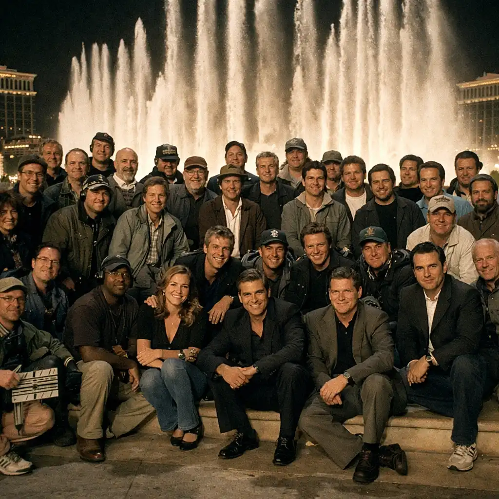 Rare production still from Ocean's Eleven showing the cast and crew on the Bellagio steps during a night shoot