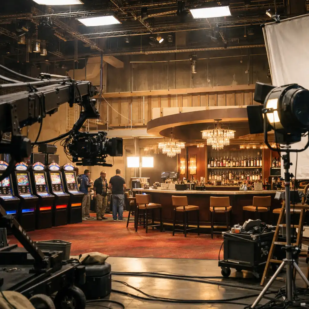 A behind-the-scenes photograph of a casino set from a heist movie, showing a large soundstage with a partially constructed casino interior