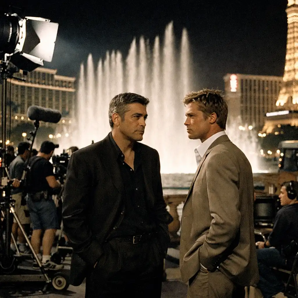 Production still from Ocean's Eleven on the Las Vegas Strip at night with the Bellagio fountains