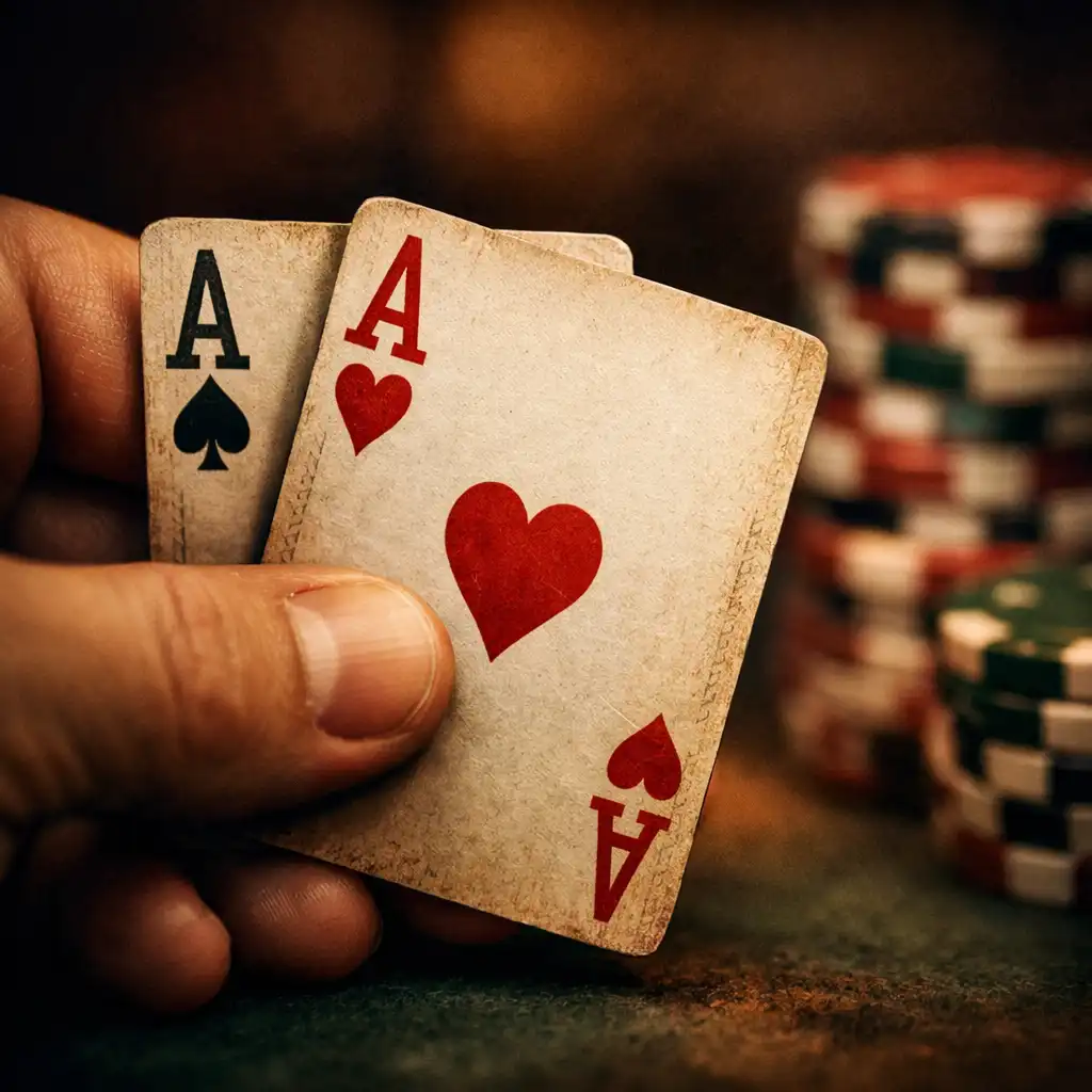 A close-up of a hand holding a pair of aces, the cards slightly worn, with a stack of chips in the background
