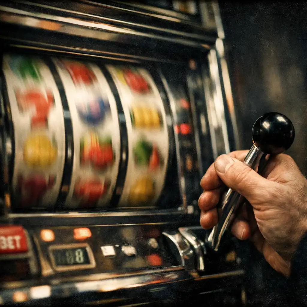 A shot of a slot machine's reels in motion, with colorful symbols blurred, and a player's hand pulling the lever