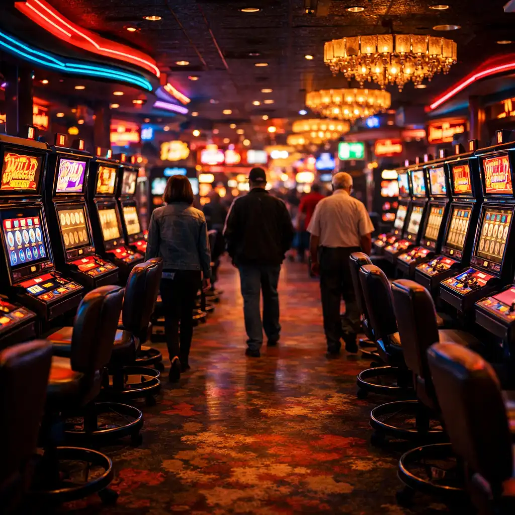 A wide shot of a casino floor at night, with rows of slot machines and a few patrons walking between them
