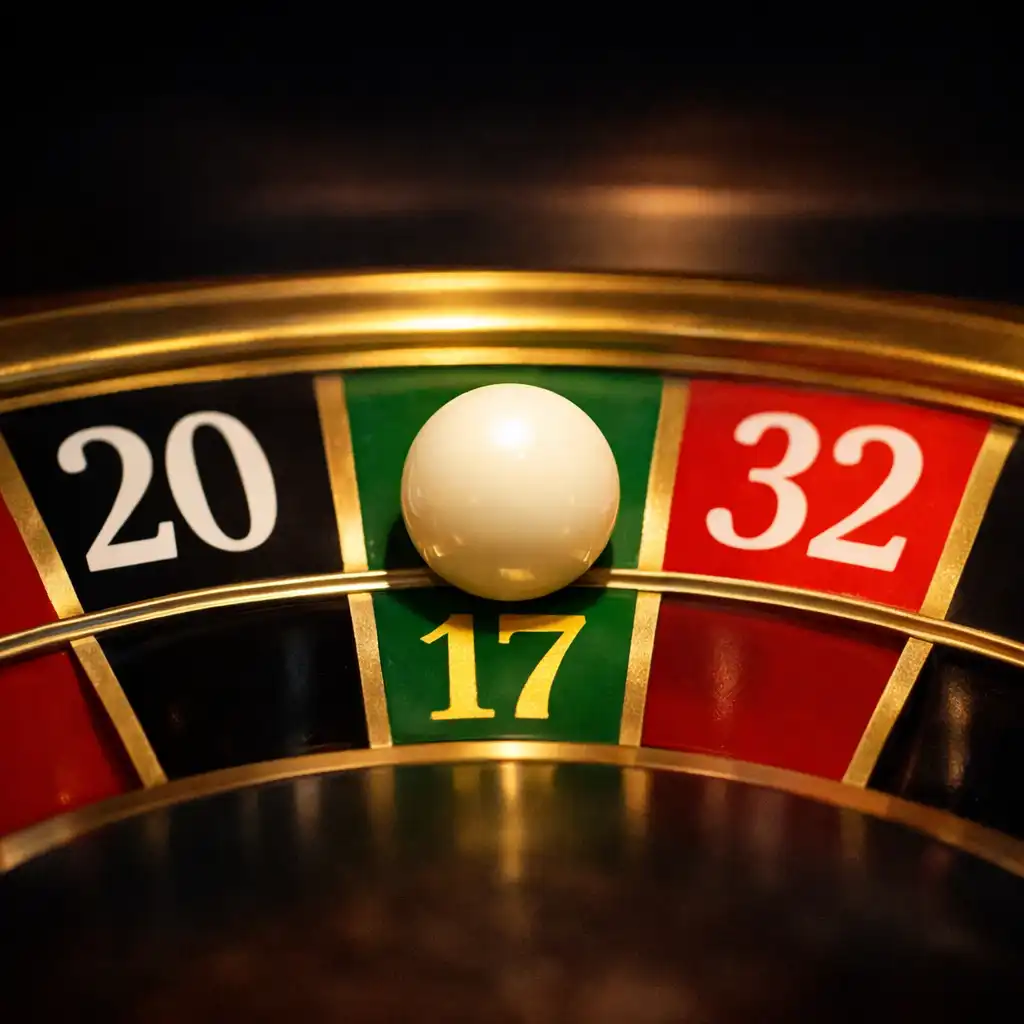 A close-up of a roulette ball resting on a number, with the wheel's numbers and colors in sharp focus