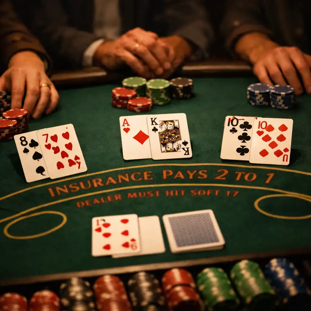 A shot of a blackjack table from the dealer's perspective, showing the cards and chips, with the players' hands visible