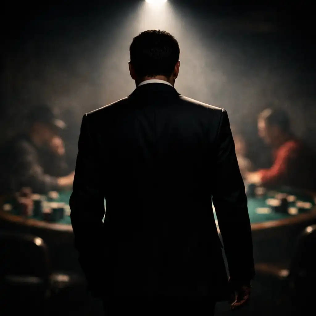 A dramatic shot of a man in a suit walking away from a poker table, his back to the camera, with the table and other players in the background