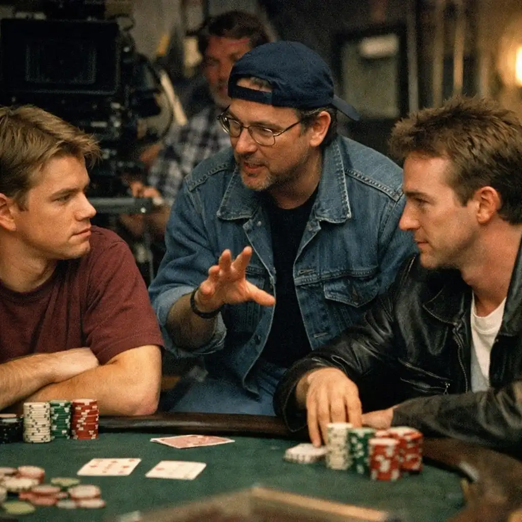 Behind-the-scenes photograph of director John Dahl discussing a scene with Matt Damon and Edward Norton at a poker table on the set of Rounders.