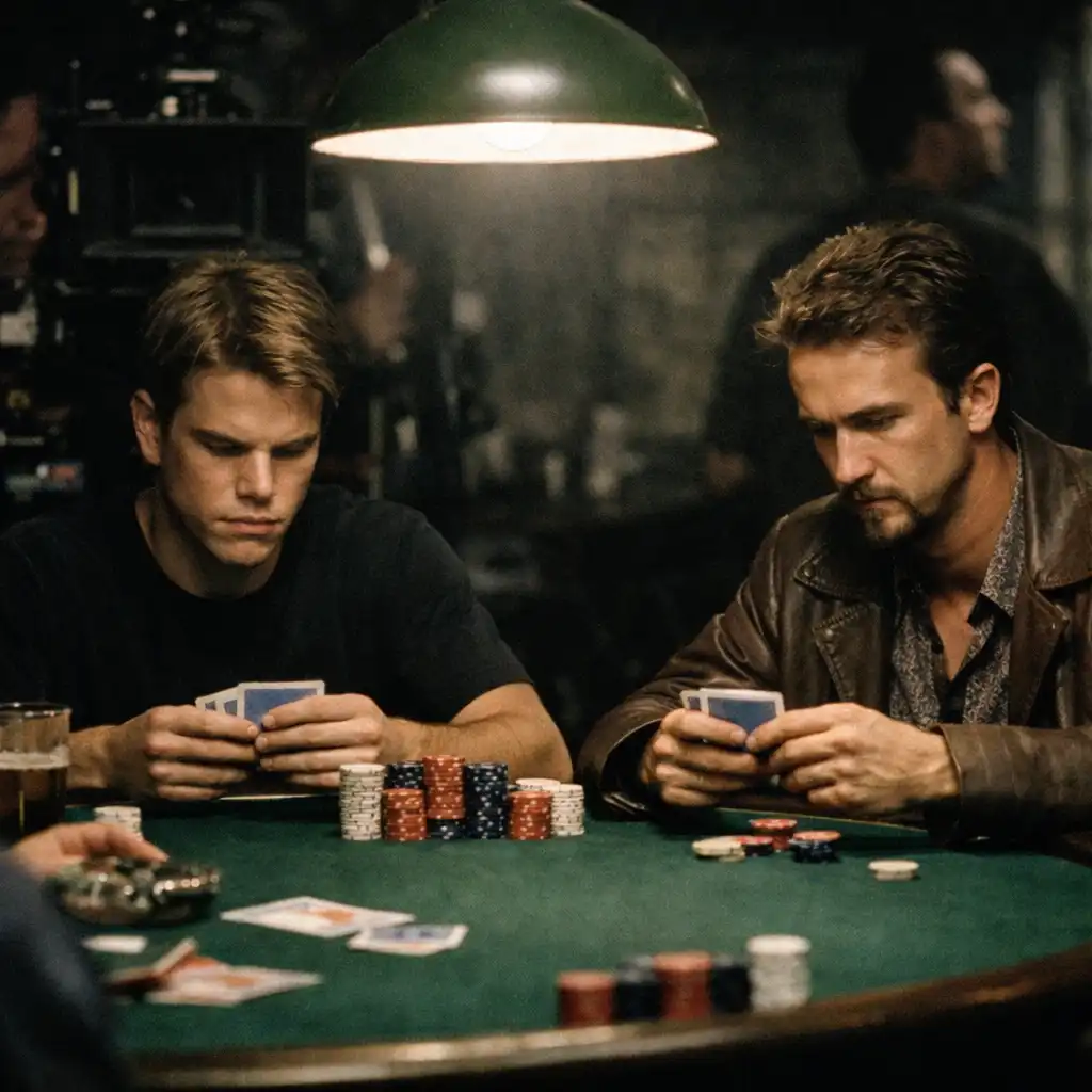 Behind-the-scenes photo from Rounders showing a dimly lit underground poker room