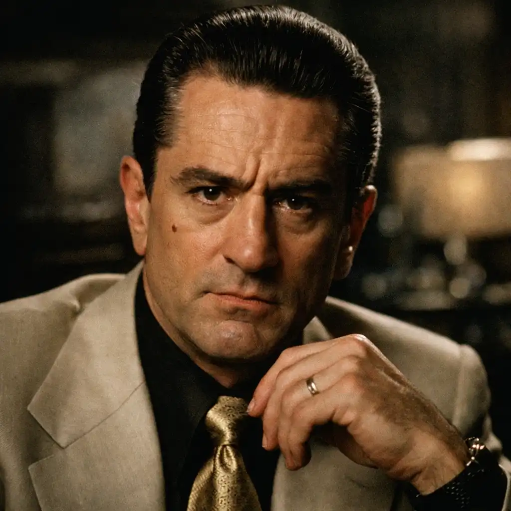 Close-up character portrait of Sam Ace Rothstein from Casino, played by Robert De Niro, wearing a 1970s suit and tie with a serious expression against a blurred casino office background.