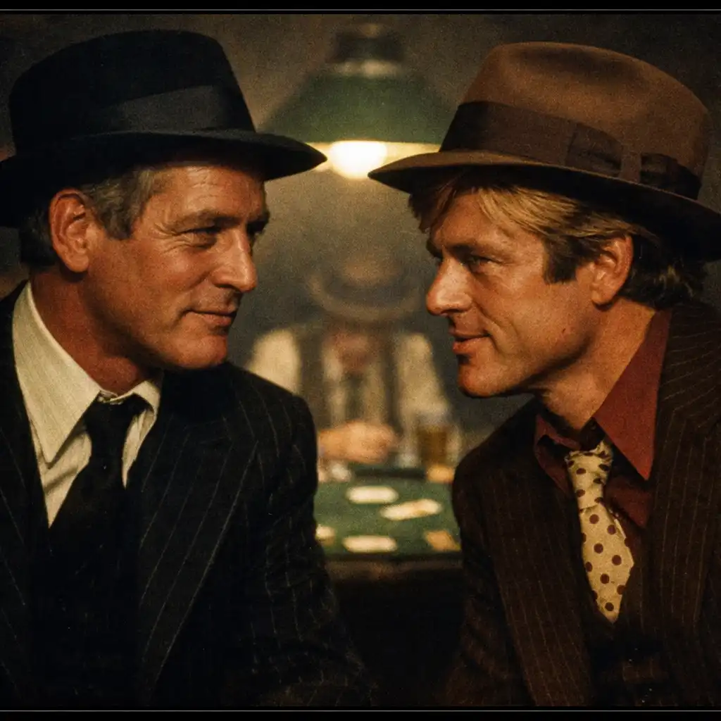 Paul Newman and Robert Redford in period 1930s attire standing in a dimly lit room with a poker table in the background, looking at each other with a sense of conspiracy.