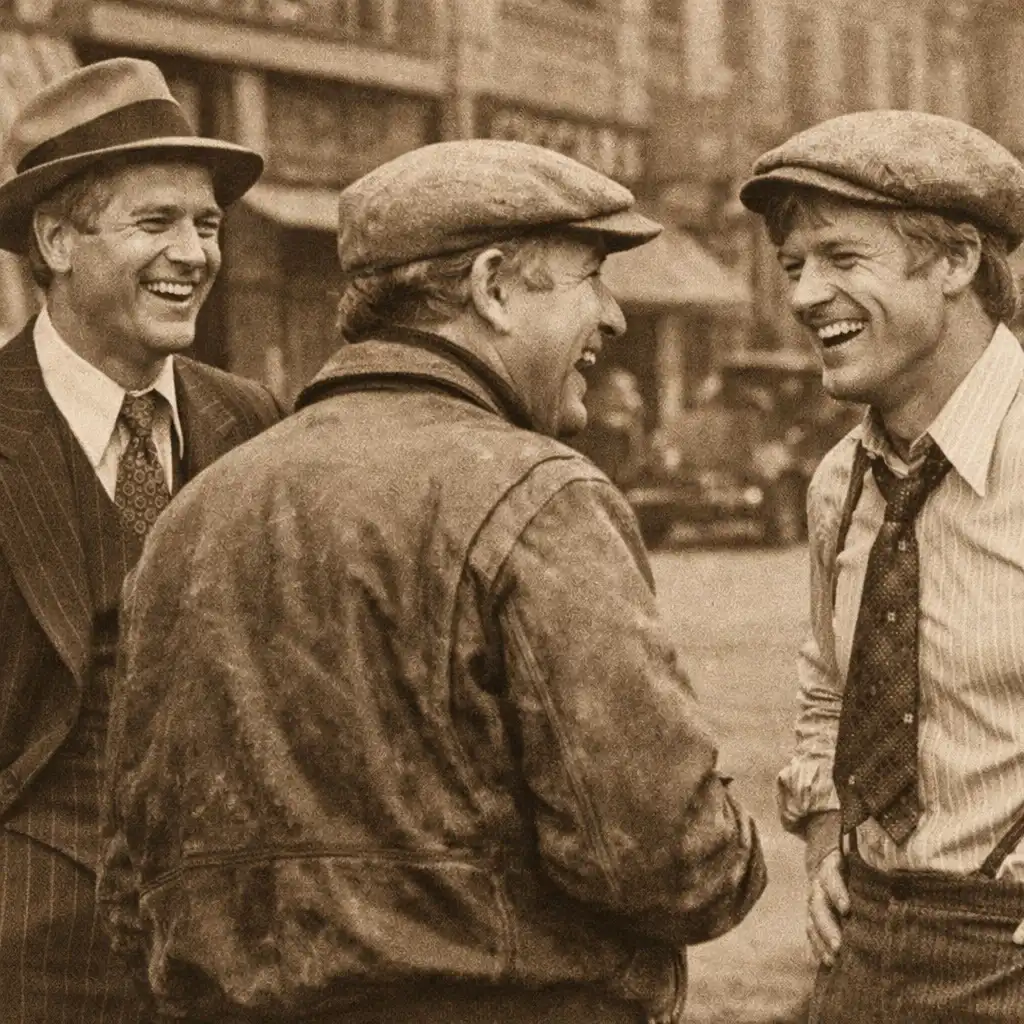 Rare black-and-white production still from The Sting showing Paul Newman and Robert Redford between takes