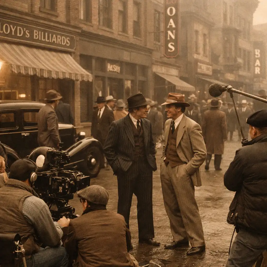 Production still from The Sting showing a 1930s Chicago street set on a studio backlot