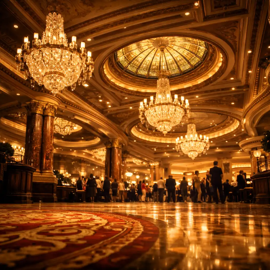 An interior shot of a grand casino lobby with a high ceiling, ornate chandeliers, and a bustling crowd in the distance.