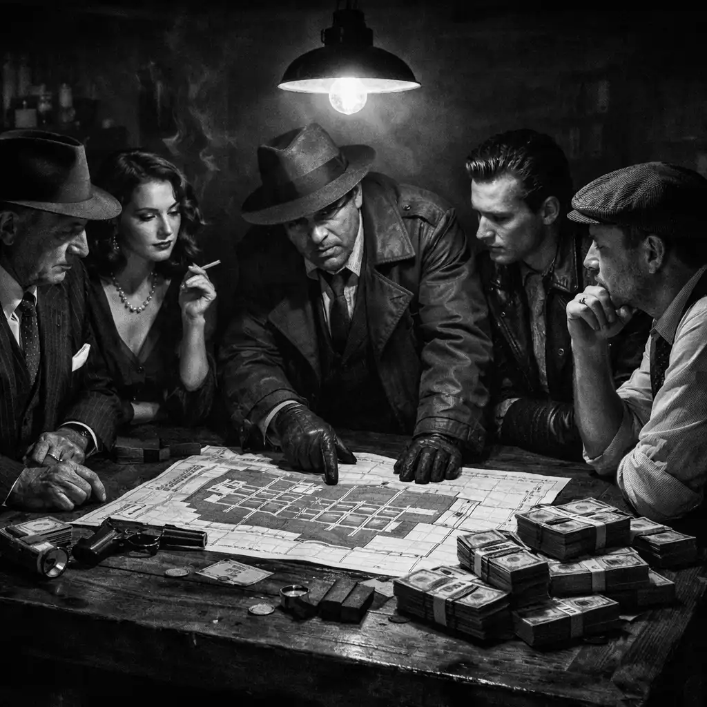 A group of well-dressed characters in a dimly lit back room, gathered around a table with blueprints and cash, planning a heist.