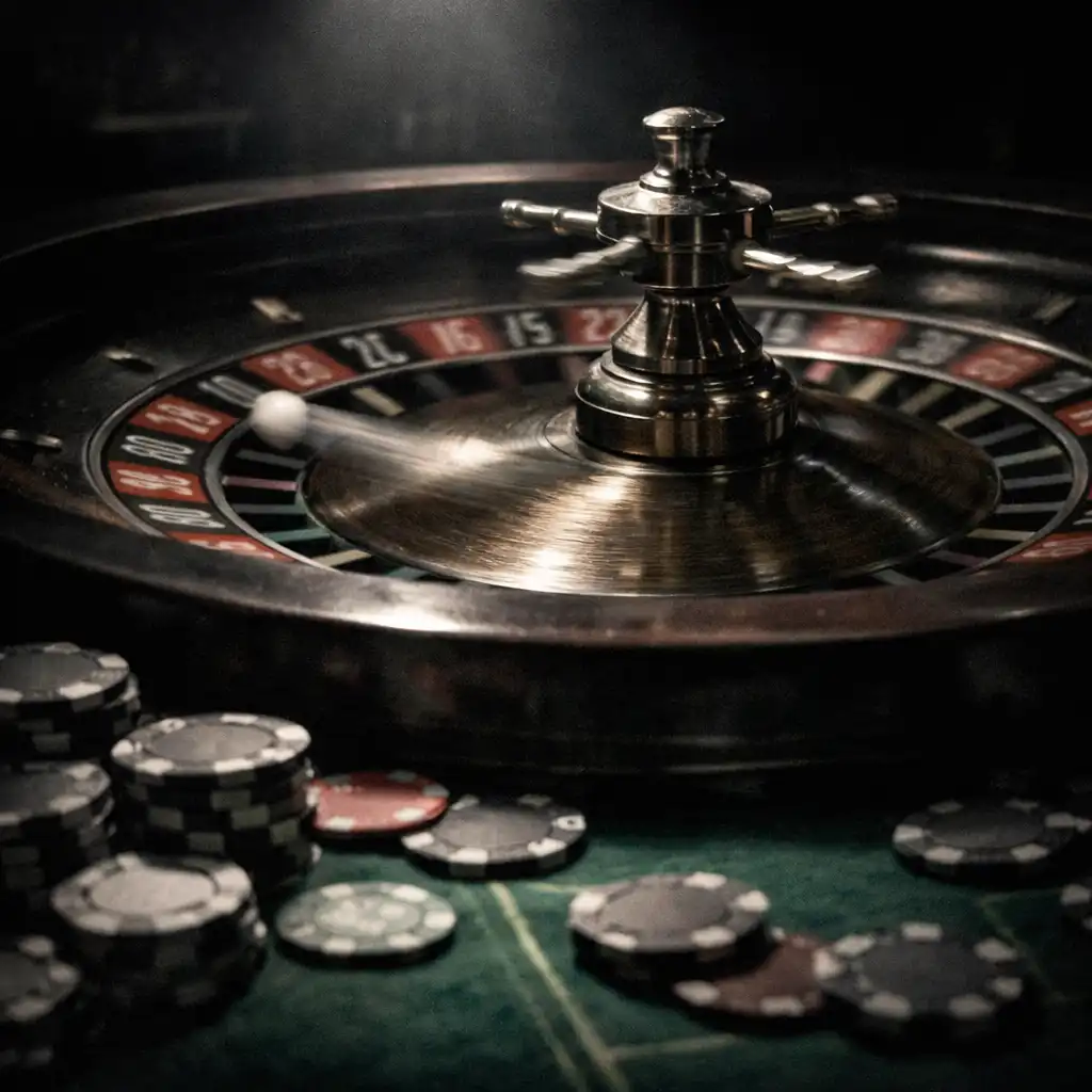 A close-up of a roulette wheel in motion, the ball a blur, with chips scattered on the table.