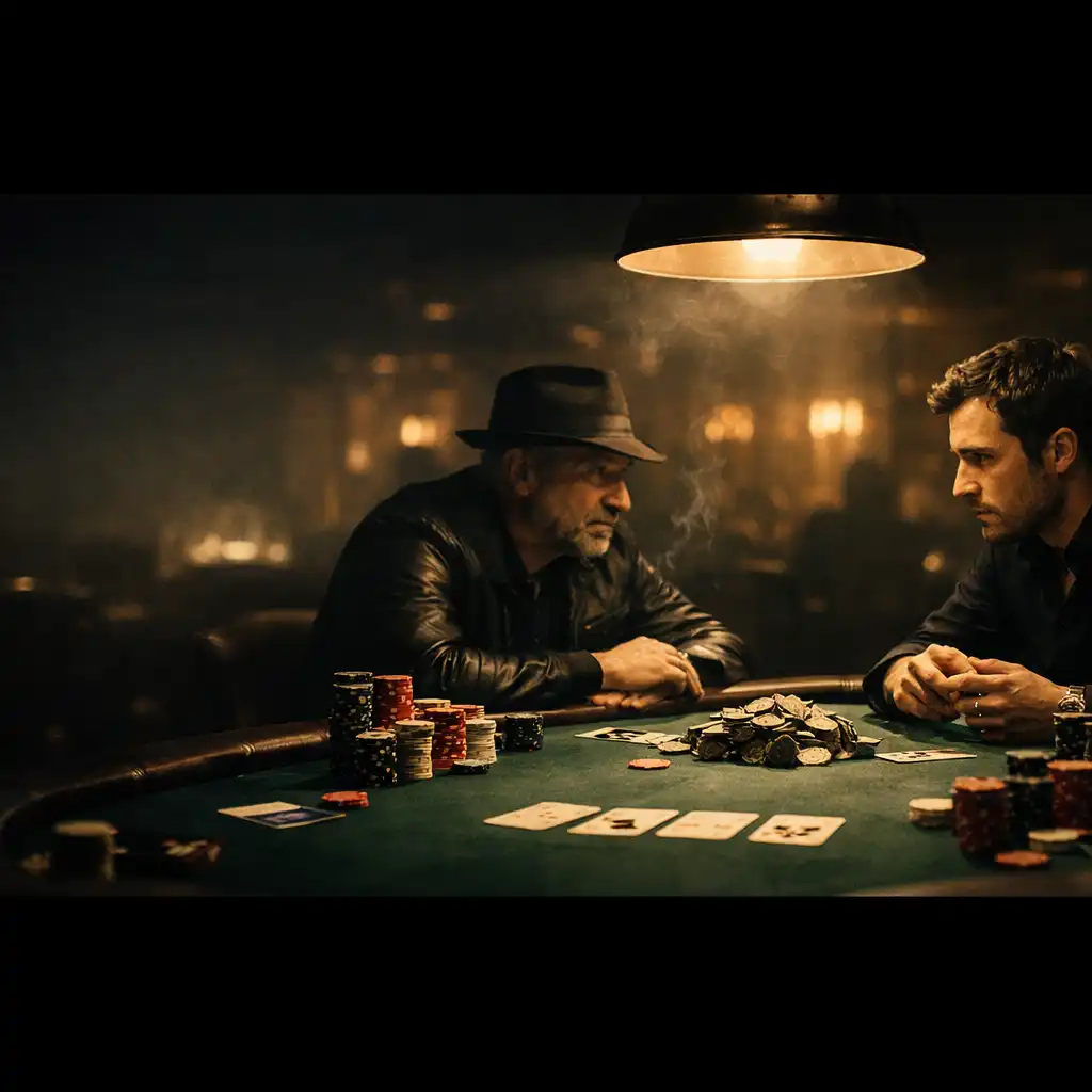 High-stakes poker table in a dimly lit casino, with intense players and scattered chips